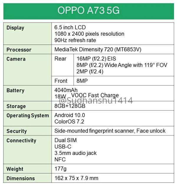 OPPOA73 5G参数配置-参数详情