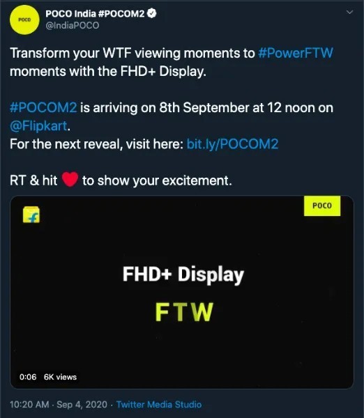 千元机小米POCO M2宣布：FHD+水滴屏 9月8日登场